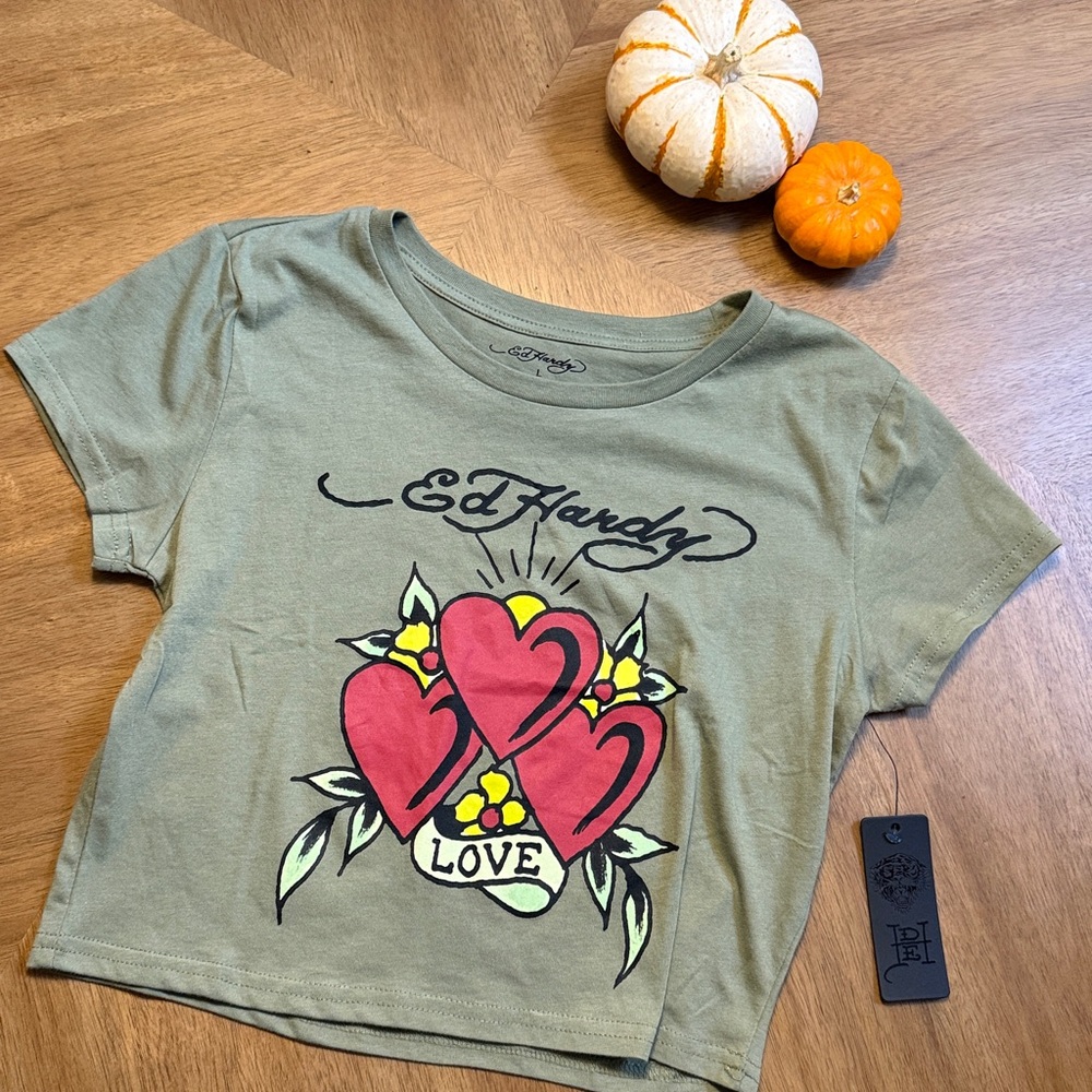 Ed Hardy Olive Heart Graphic Tee
